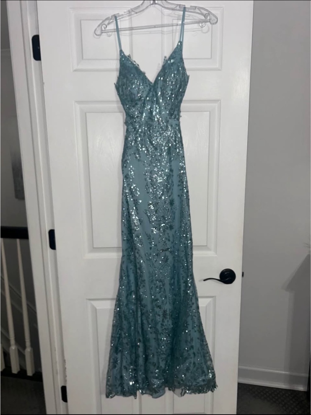 ellie wilde Teal Sequin Spaghetti Strap Prom Dress